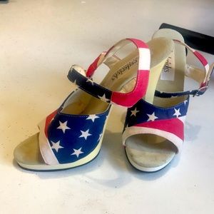Red, white, and blue sexy high heels. Fredericks of Hollywood